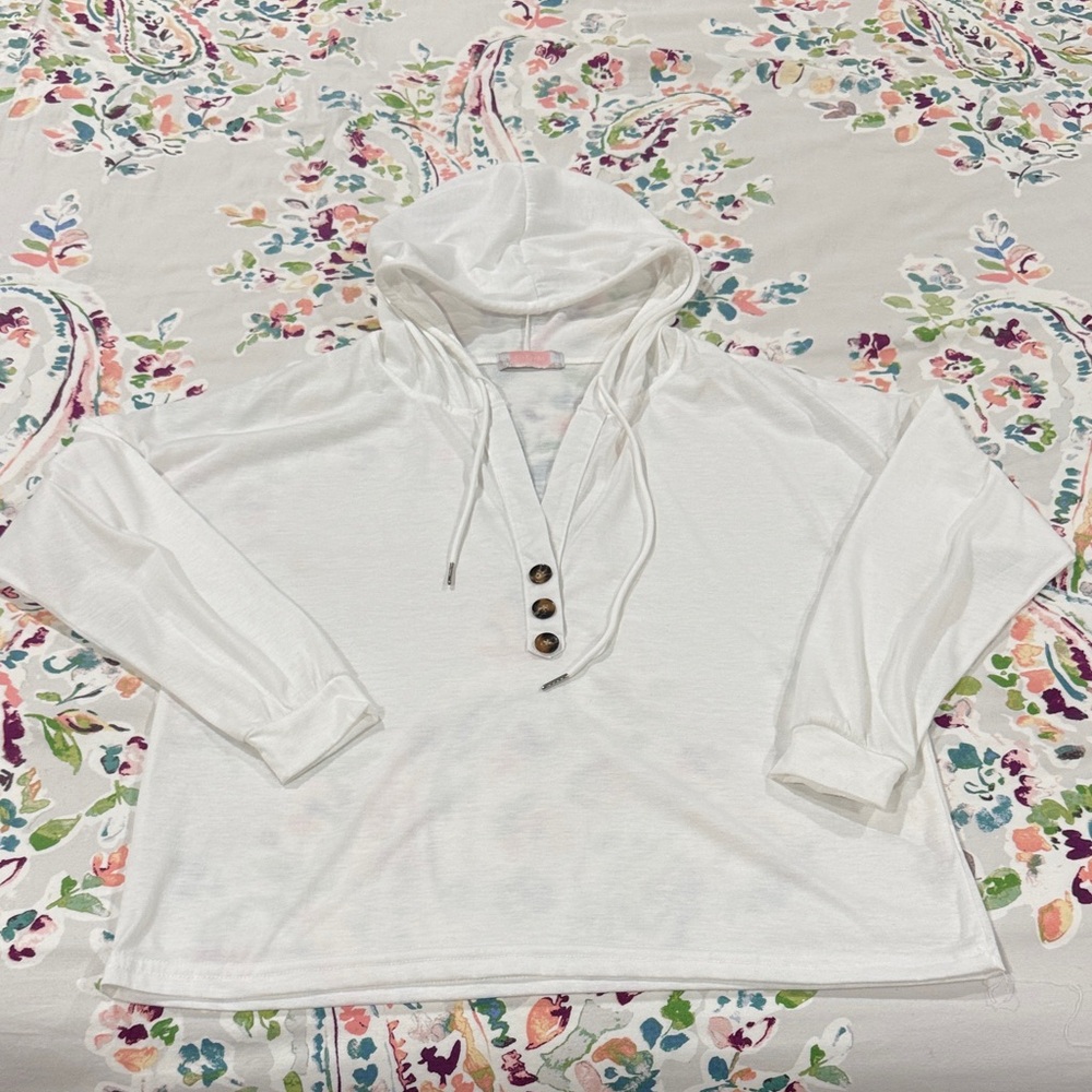 White Hooded Long Sleeve Top with Button Detail